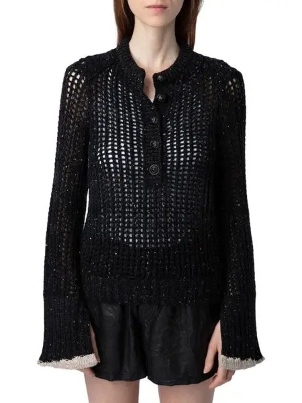 ZADIG&VOLTAIRE Halty Weco Sequin Open Stitch Flare Sleeve Black Sweater EUC Sz S
